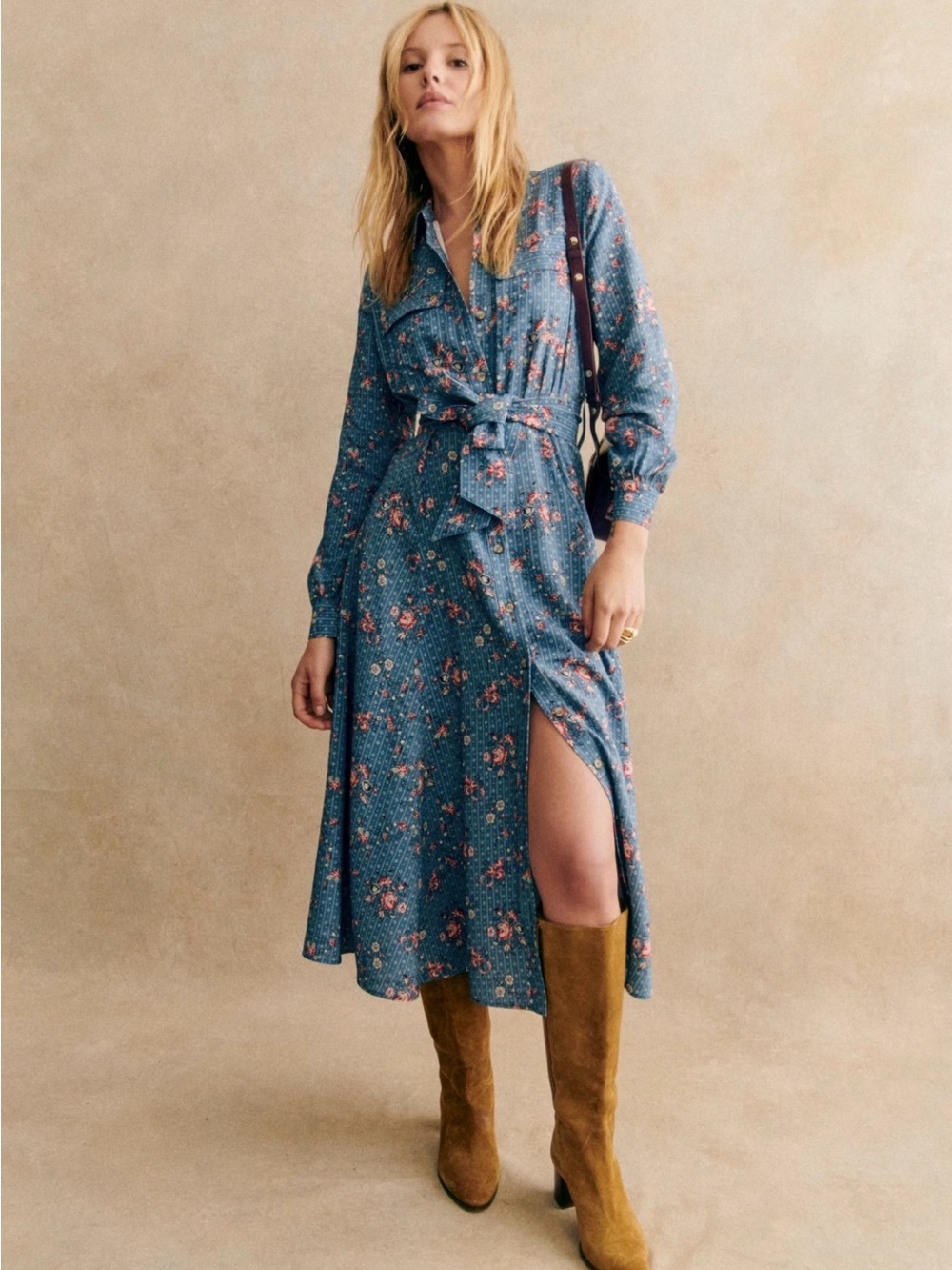 Sezane Lauretta Blue Floral Midi Dress with Tie Waist